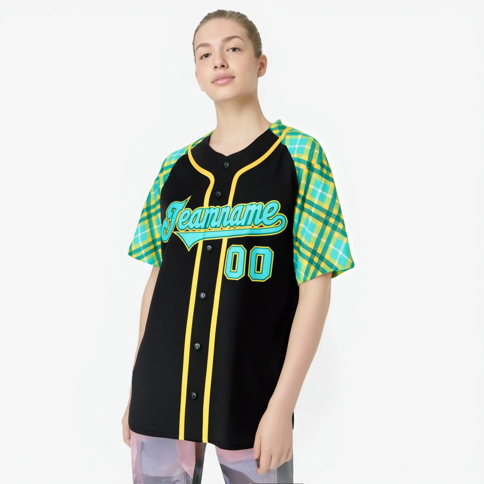 Custom Black Yellow Light-Bule Authentic Plaid sleeve Baseball Jersey
