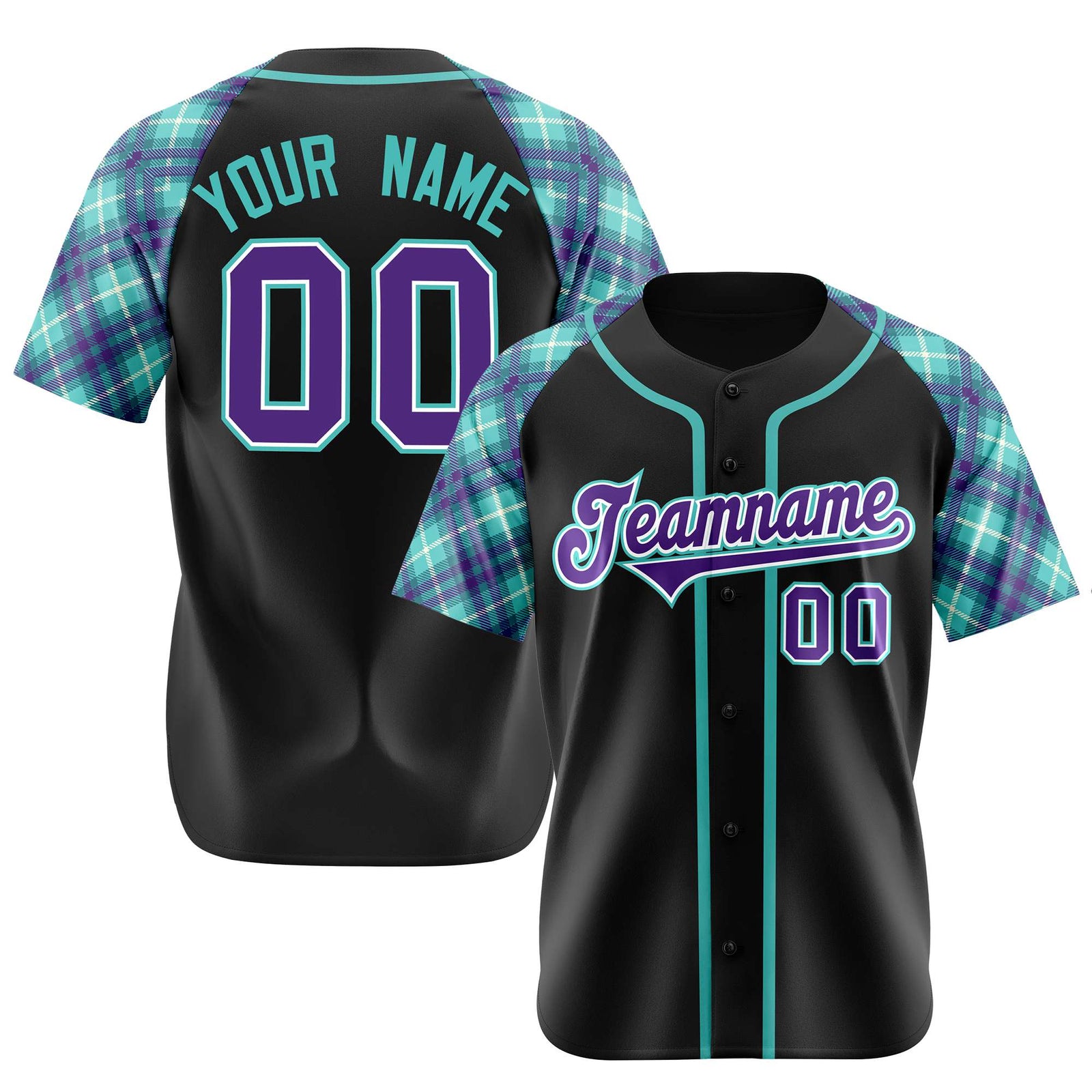 Custom Black Purple Light-Bule Authentic Plaid sleeve Baseball Jersey