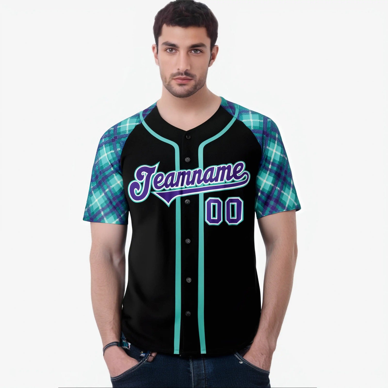 Custom Black Purple Light-Bule Authentic Plaid sleeve Baseball Jersey
