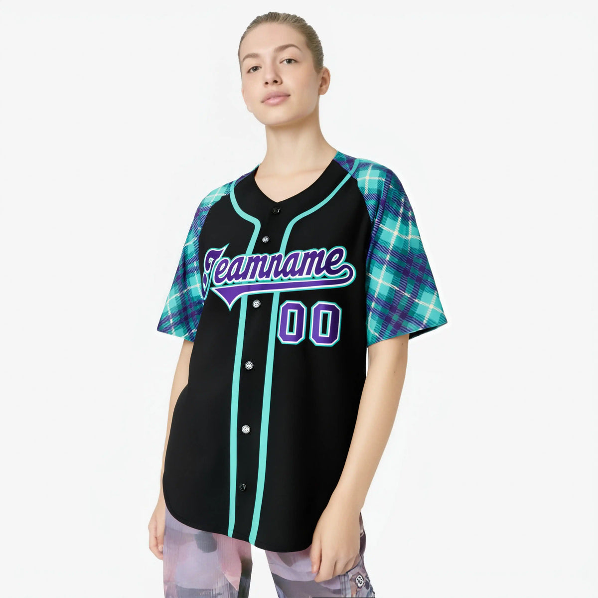 Custom Black Purple Light-Bule Authentic Plaid sleeve Baseball Jersey