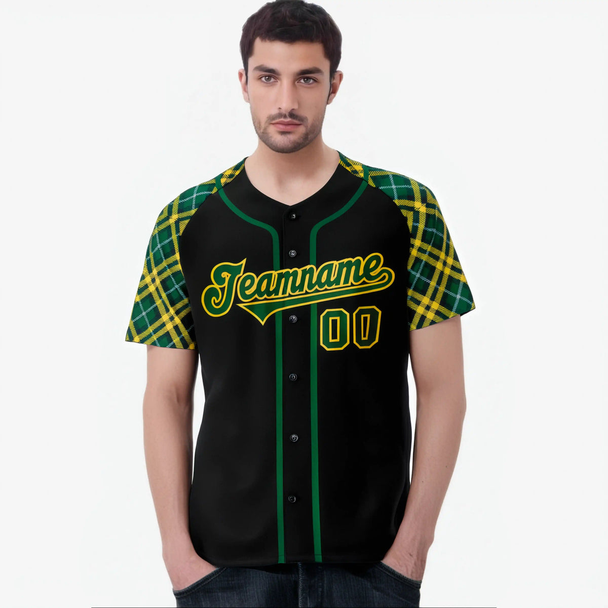 Custom Black Kelly-Green Gold Authentic Plaid sleeve Baseball Jersey