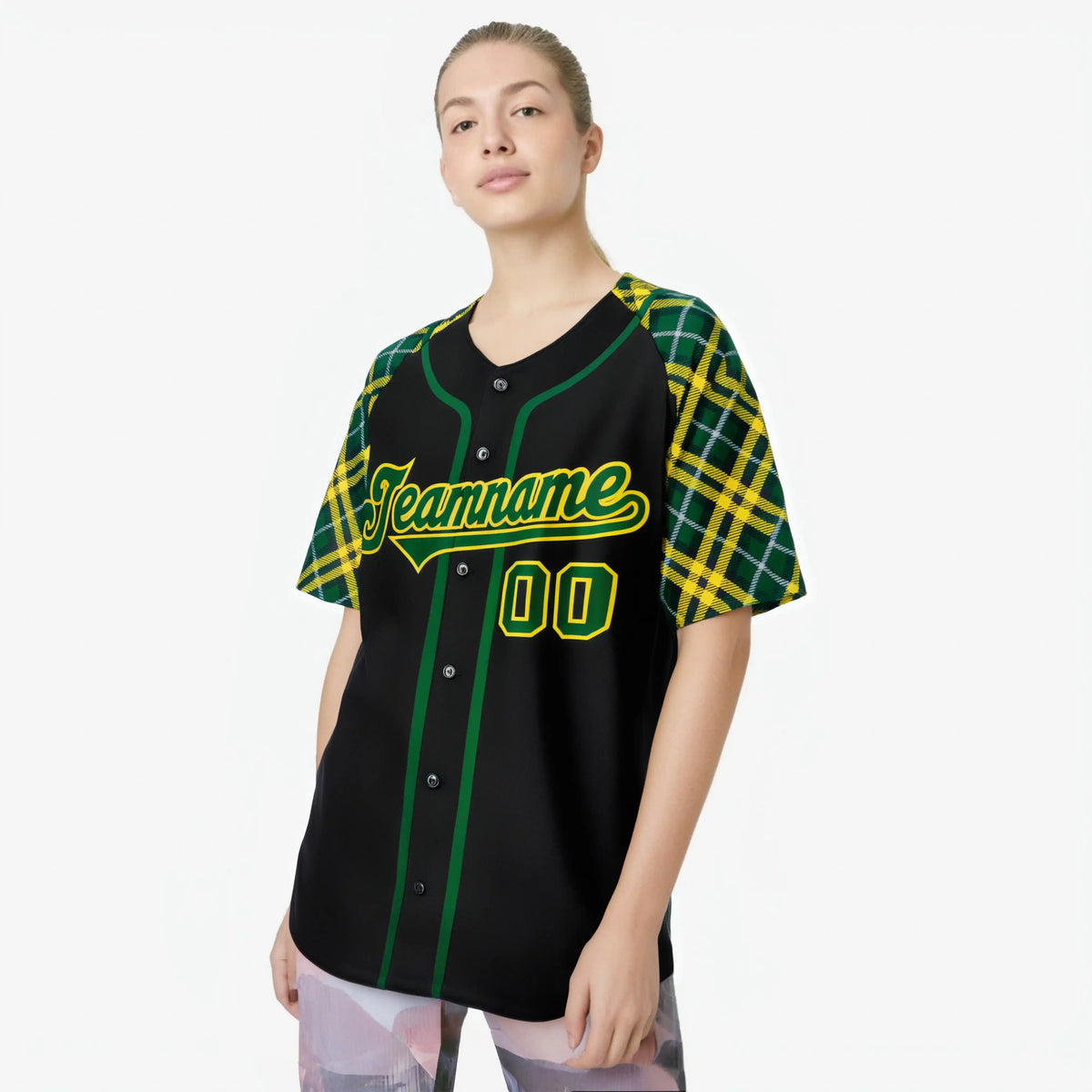 Custom Black Kelly-Green Gold Authentic Plaid sleeve Baseball Jersey