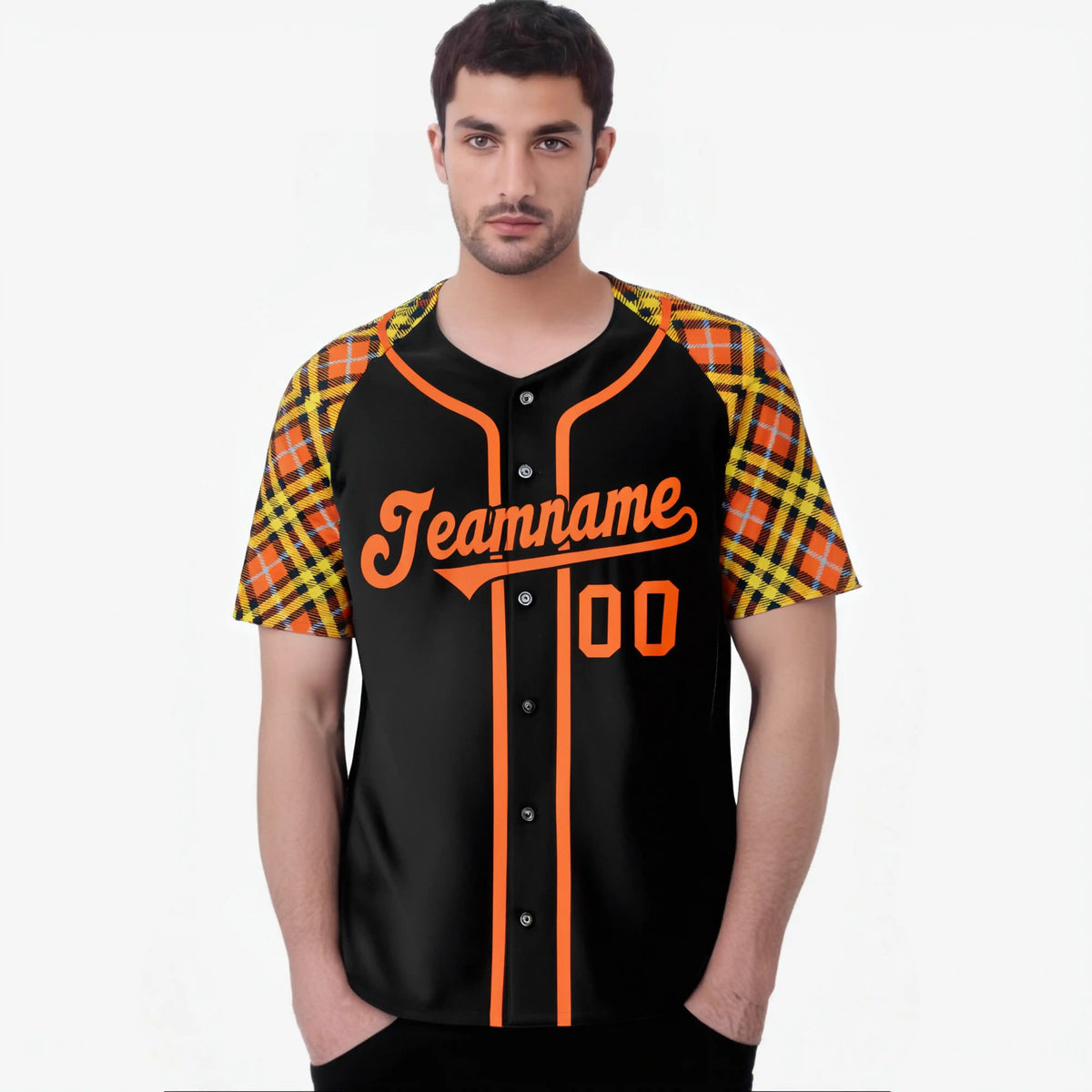 Custom Black Bay-Orange Yellow Authentic Plaid sleeve Baseball Jersey