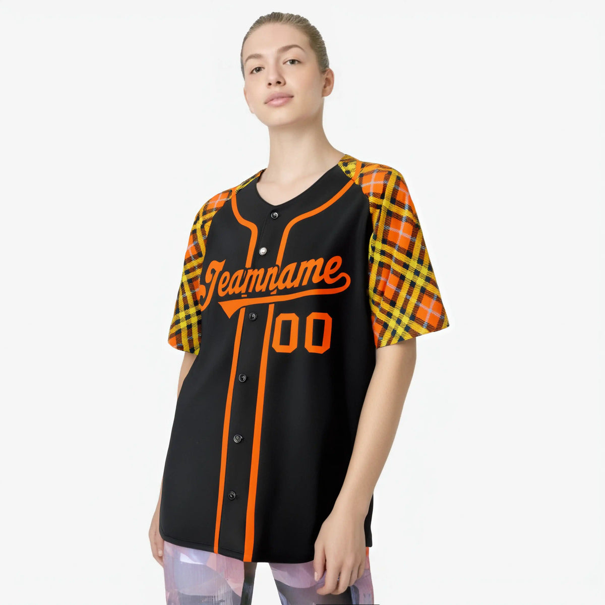Custom Black Bay-Orange Yellow Authentic Plaid sleeve Baseball Jersey