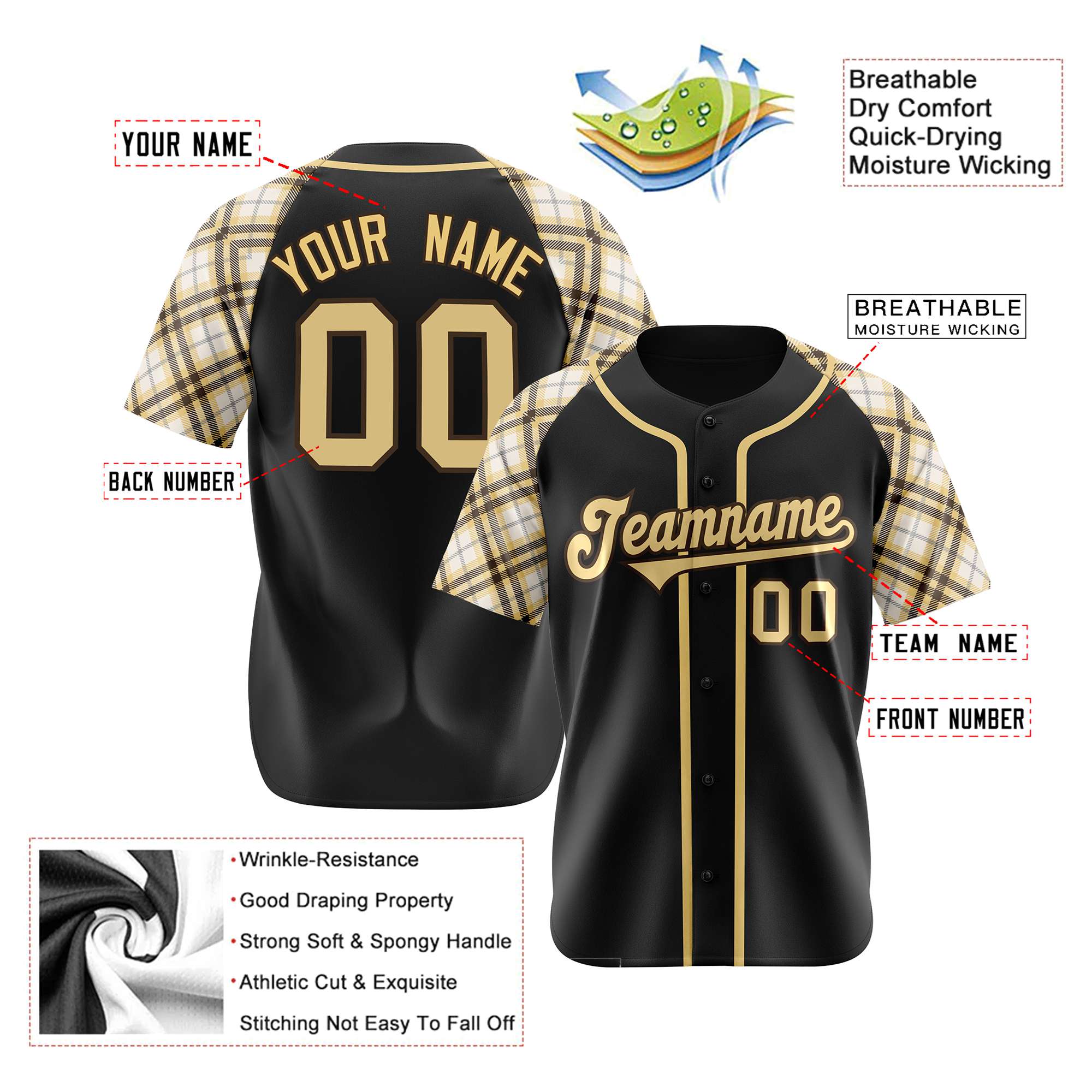 Custom Black Old-Gold White Authentic Plaid sleeve Baseball Jersey