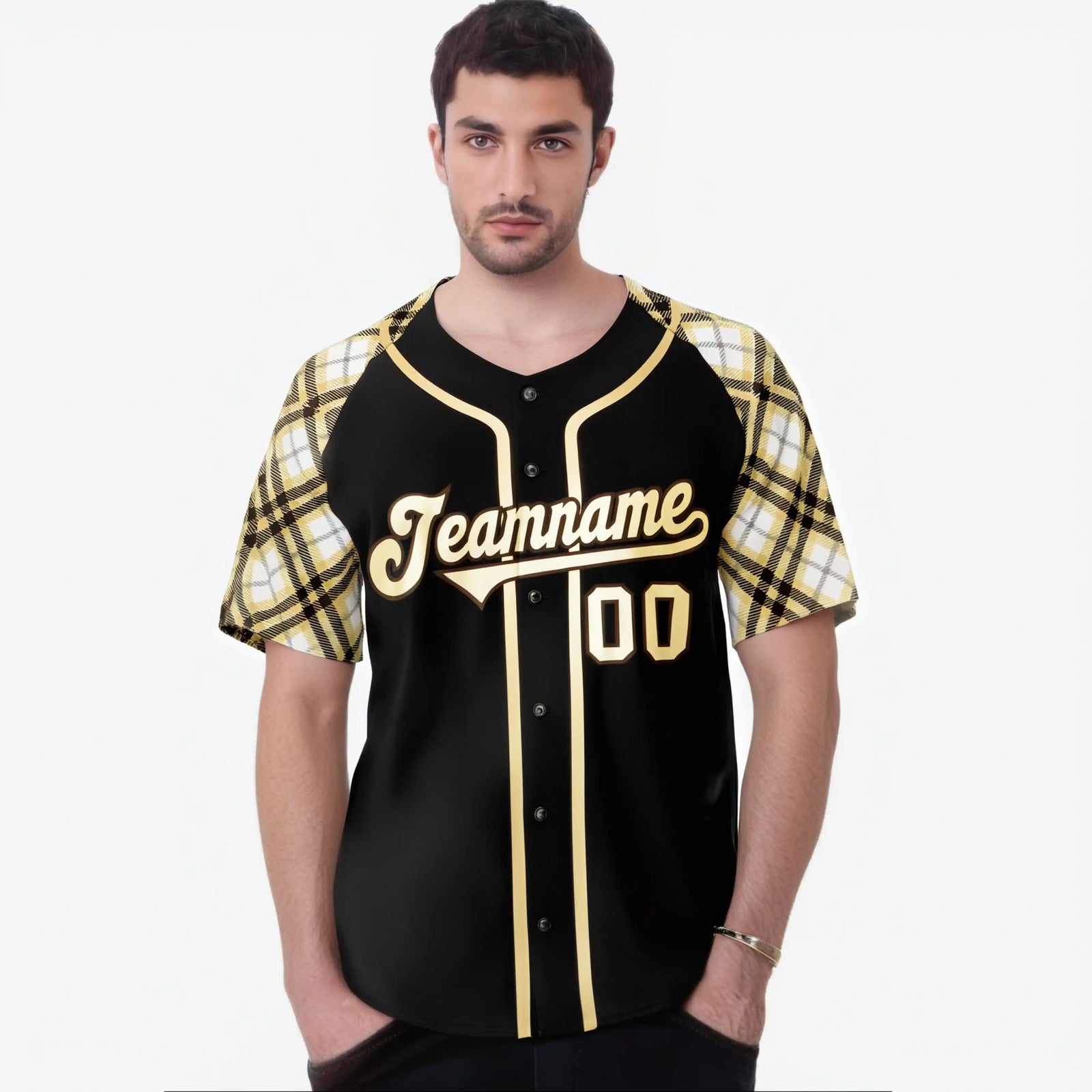 Custom Black Old-Gold White Authentic Plaid sleeve Baseball Jersey