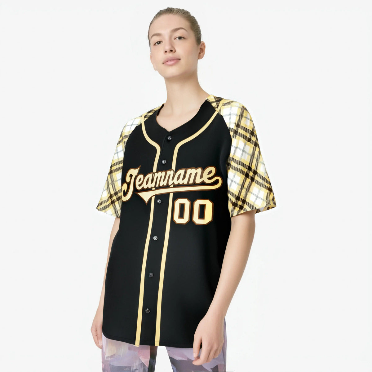 Custom Black Old-Gold White Authentic Plaid sleeve Baseball Jersey