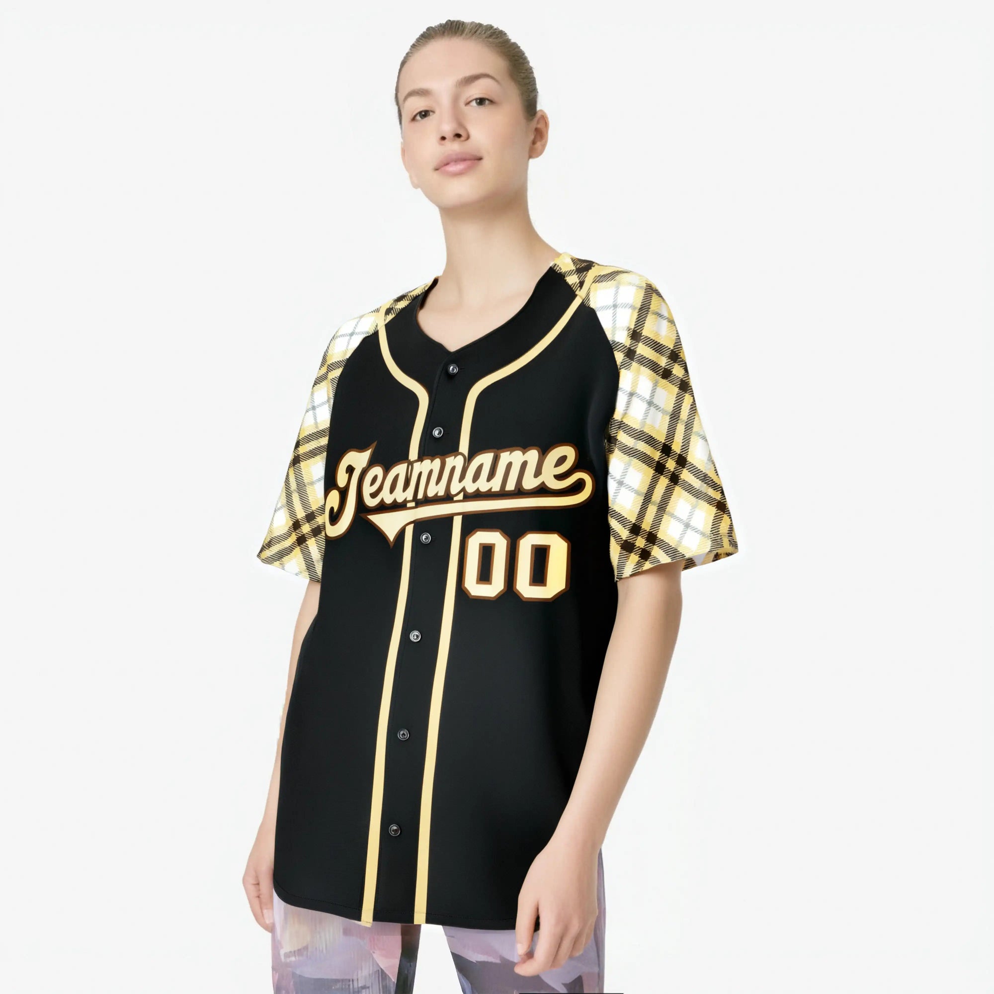 Custom Black Old-Gold White Authentic Plaid sleeve Baseball Jersey