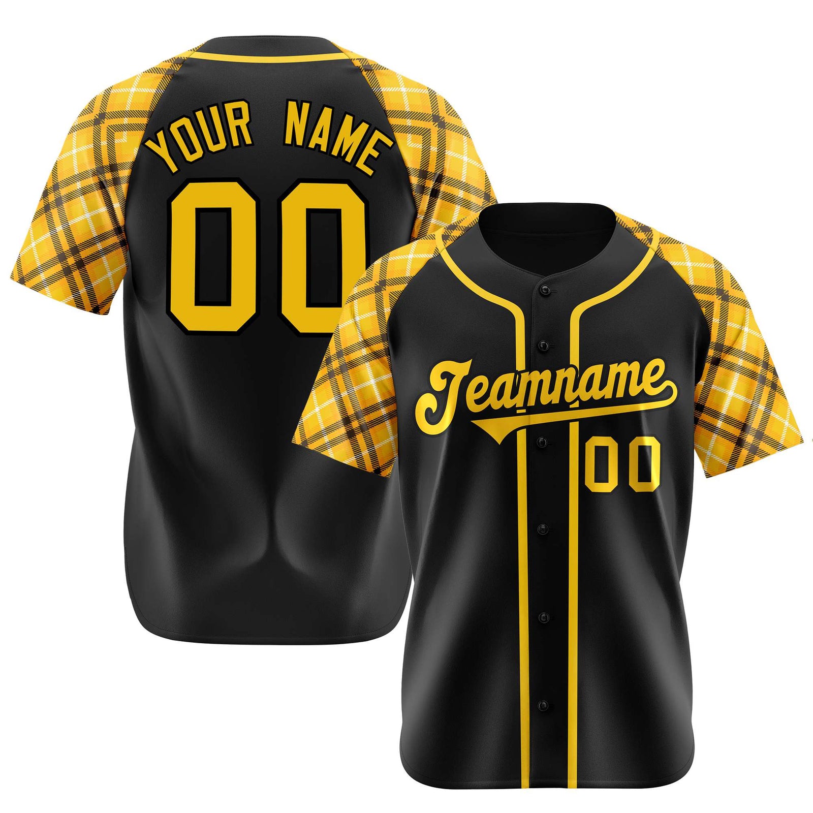 Custom Black Yellow-White Authentic Plaid sleeve Baseball Jersey