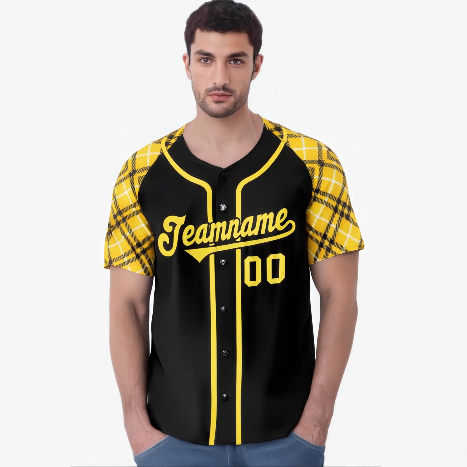 Custom Black Yellow-White Authentic Plaid sleeve Baseball Jersey