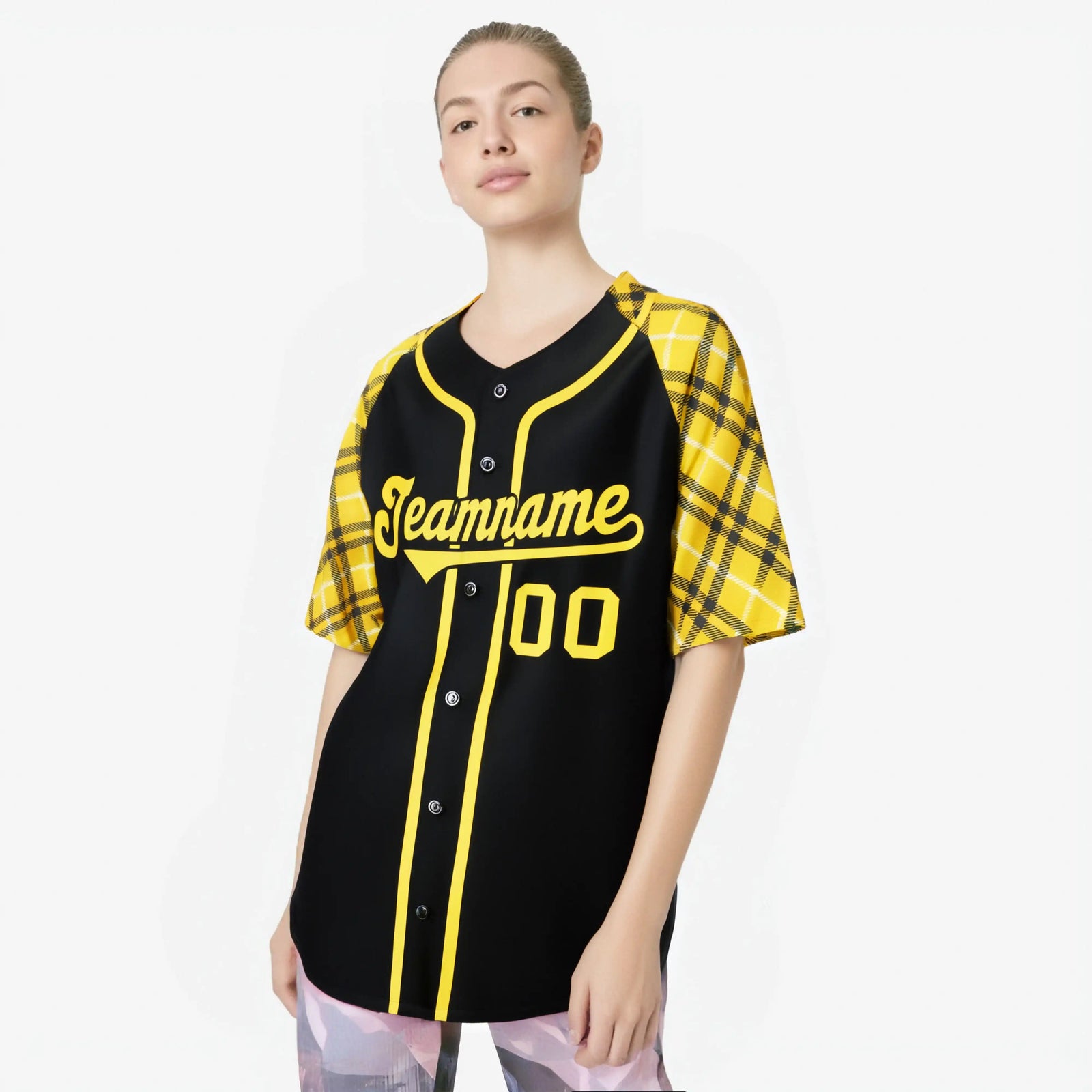 Custom Black Yellow-White Authentic Plaid sleeve Baseball Jersey