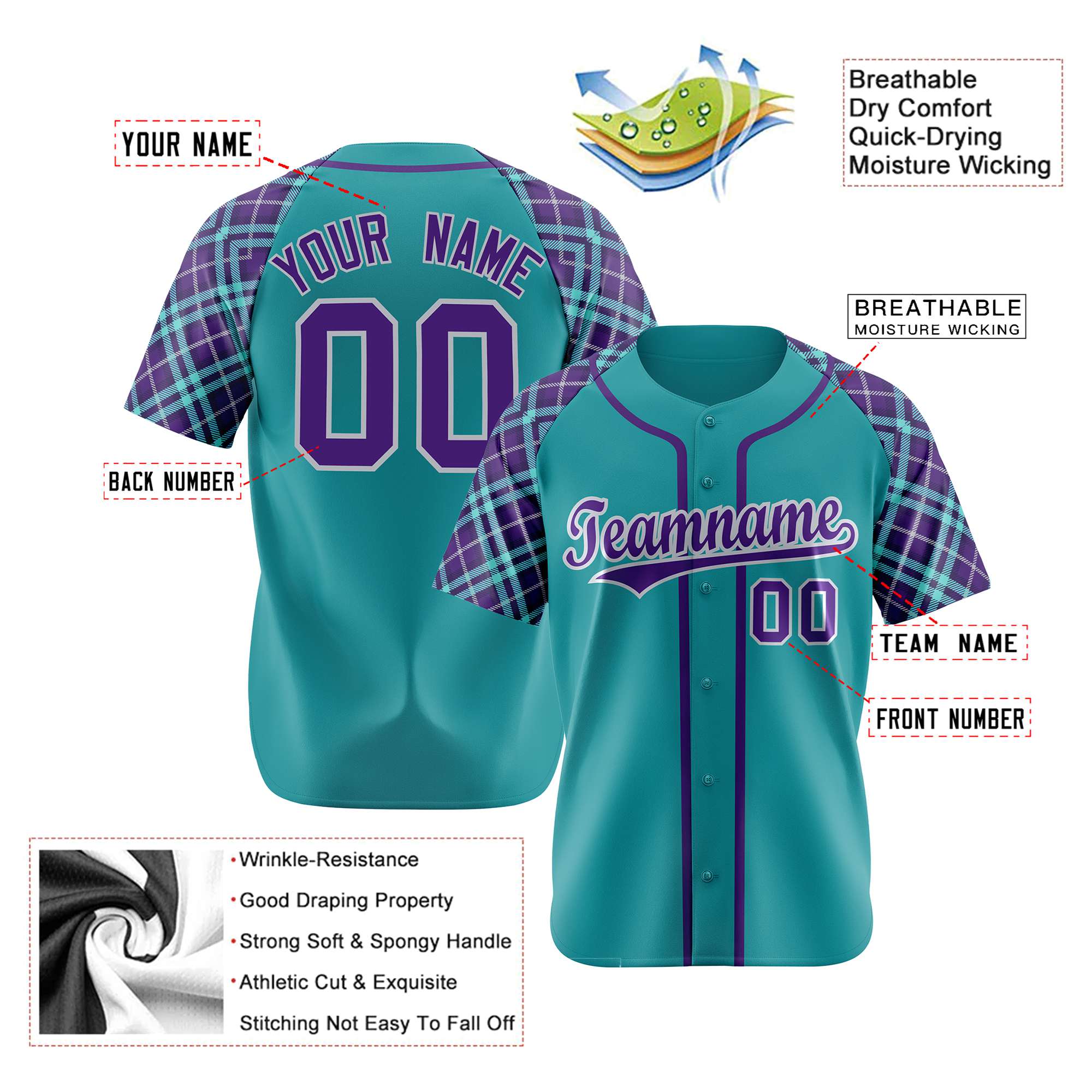 Custom Light Blue Purple-White Authentic Plaid sleeve Baseball Jersey