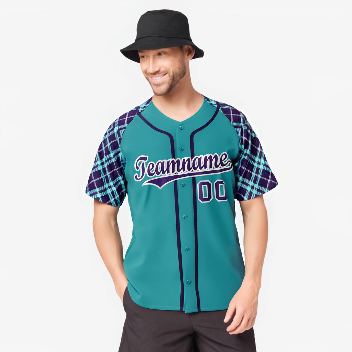 Custom Light Blue Purple-White Authentic Plaid sleeve Baseball Jersey