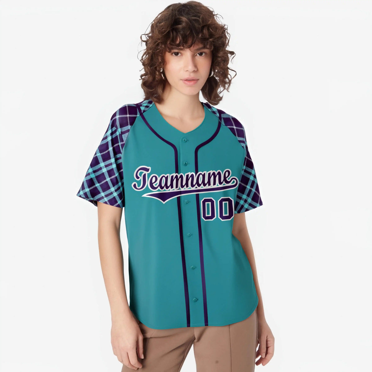Custom Light Blue Purple-White Authentic Plaid sleeve Baseball Jersey