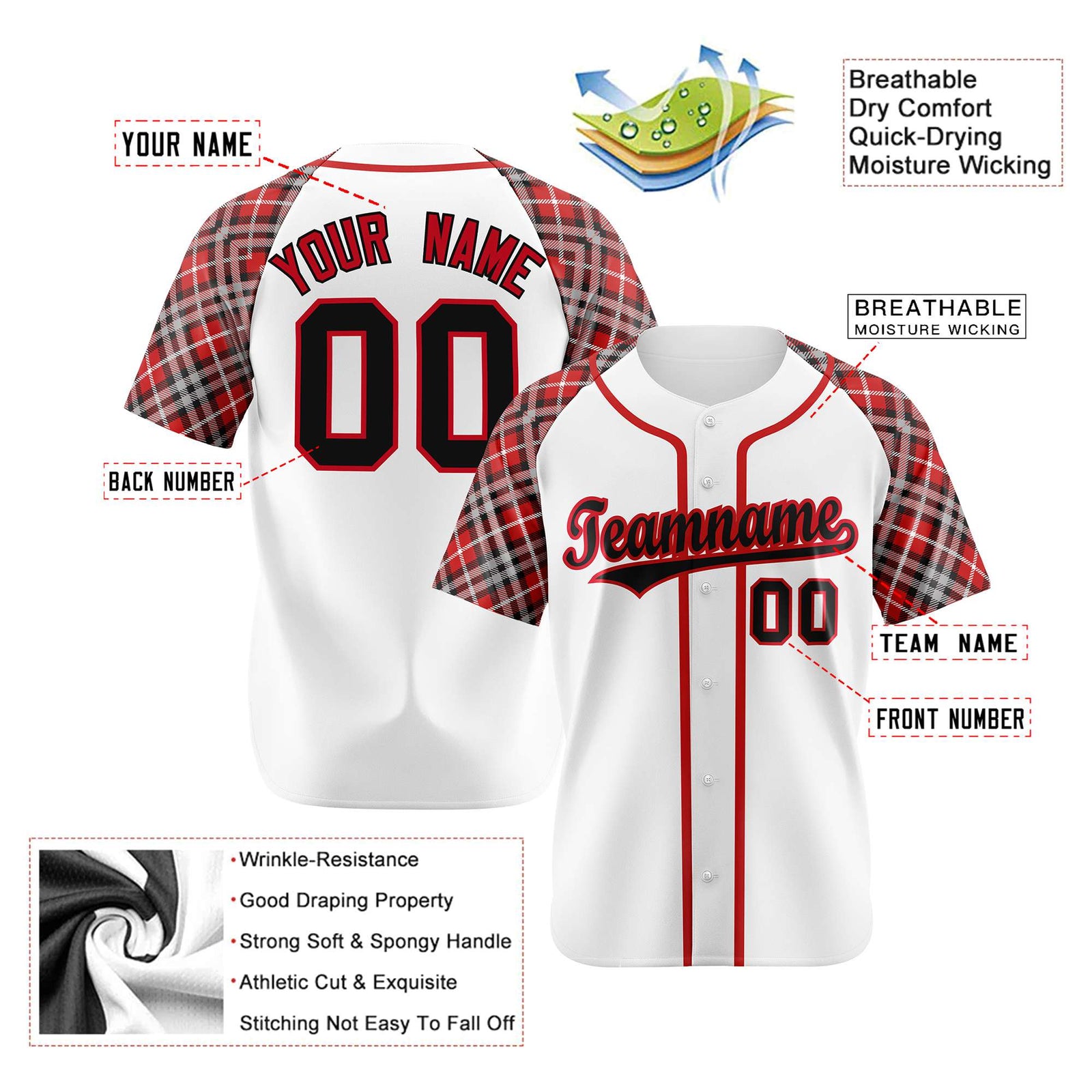 Custom White Crimson-Black Authentic Plaid sleeve Baseball Jersey