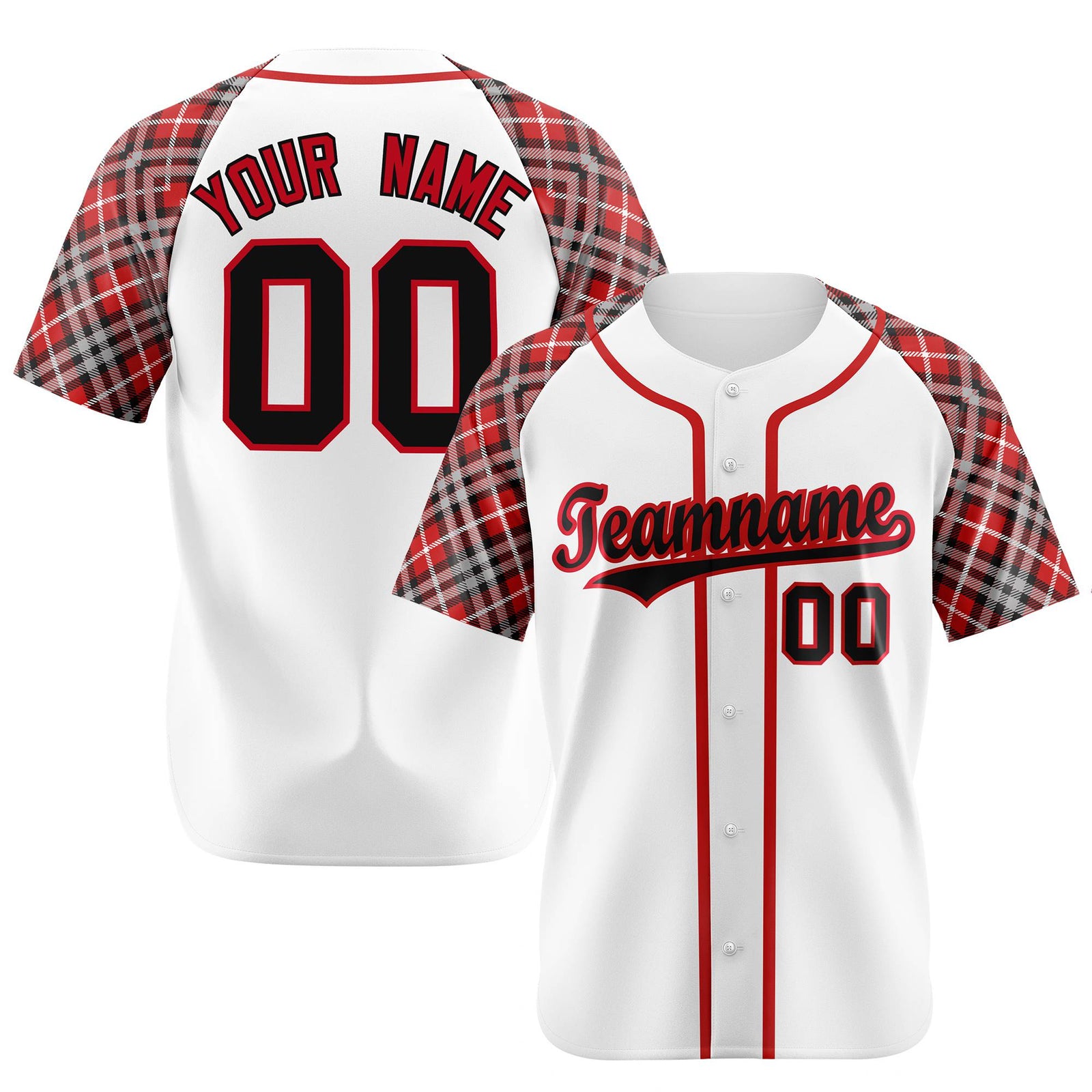 Custom White Crimson-Black Authentic Plaid sleeve Baseball Jersey