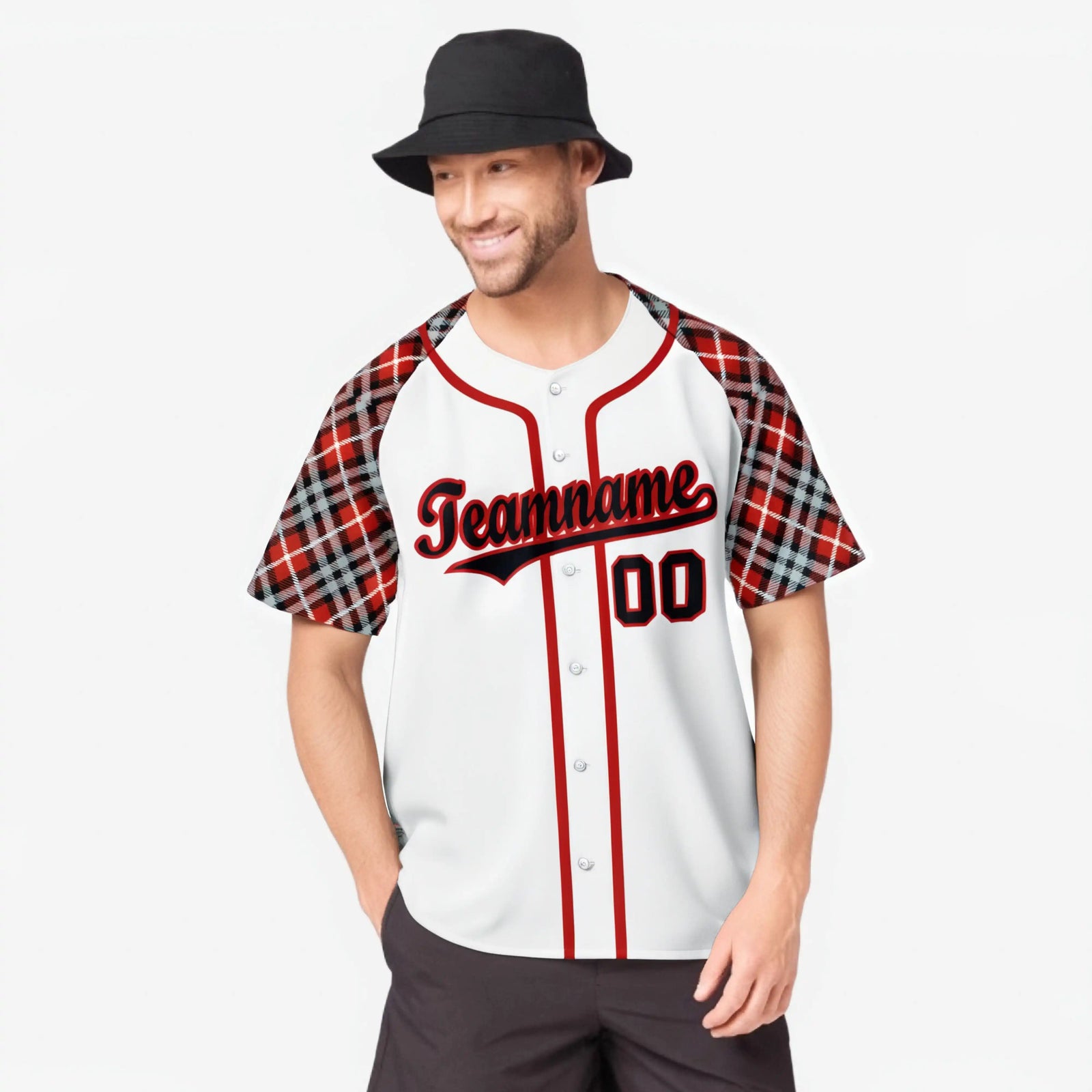 Custom White Crimson-Black Authentic Plaid sleeve Baseball Jersey