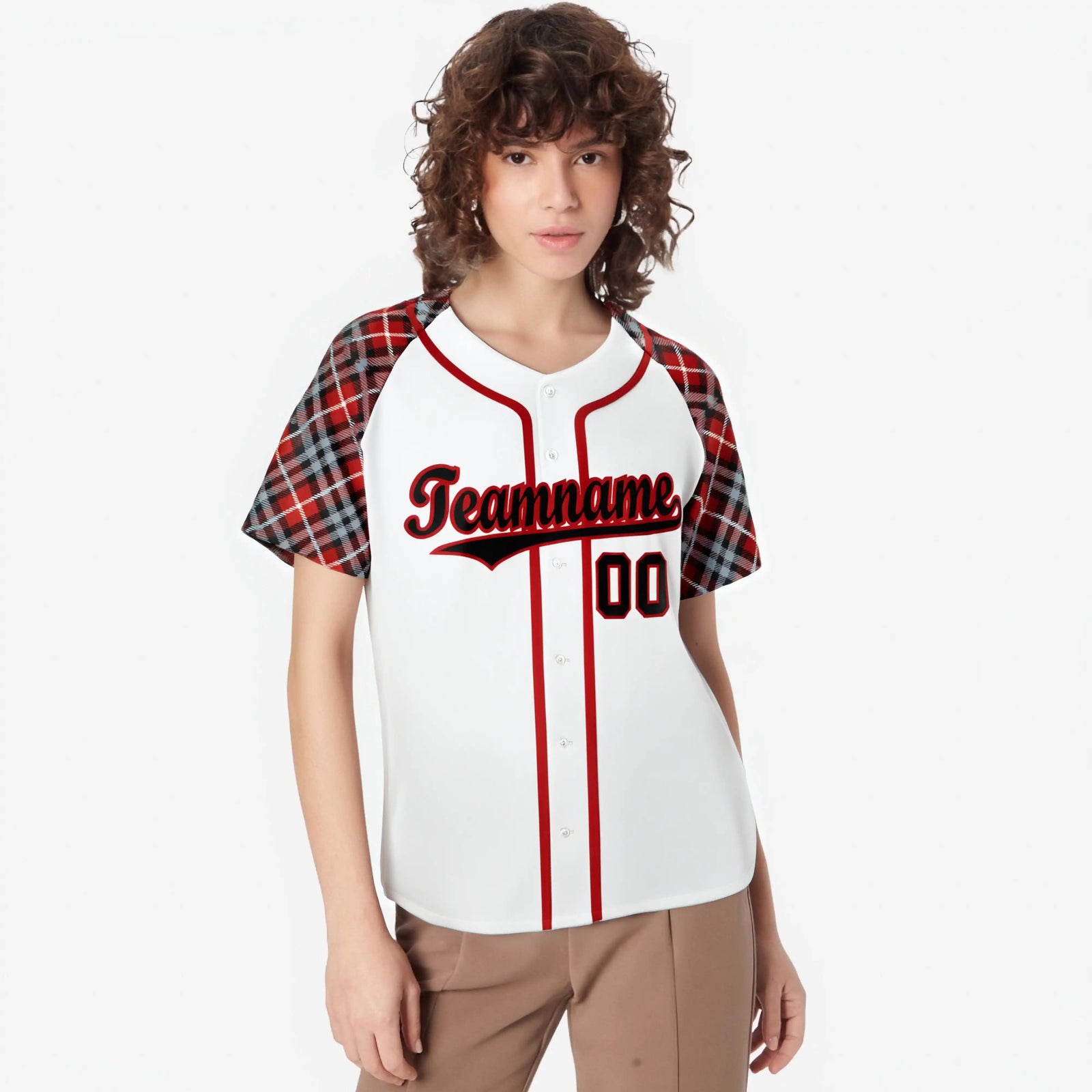 Custom White Crimson-Black Authentic Plaid sleeve Baseball Jersey
