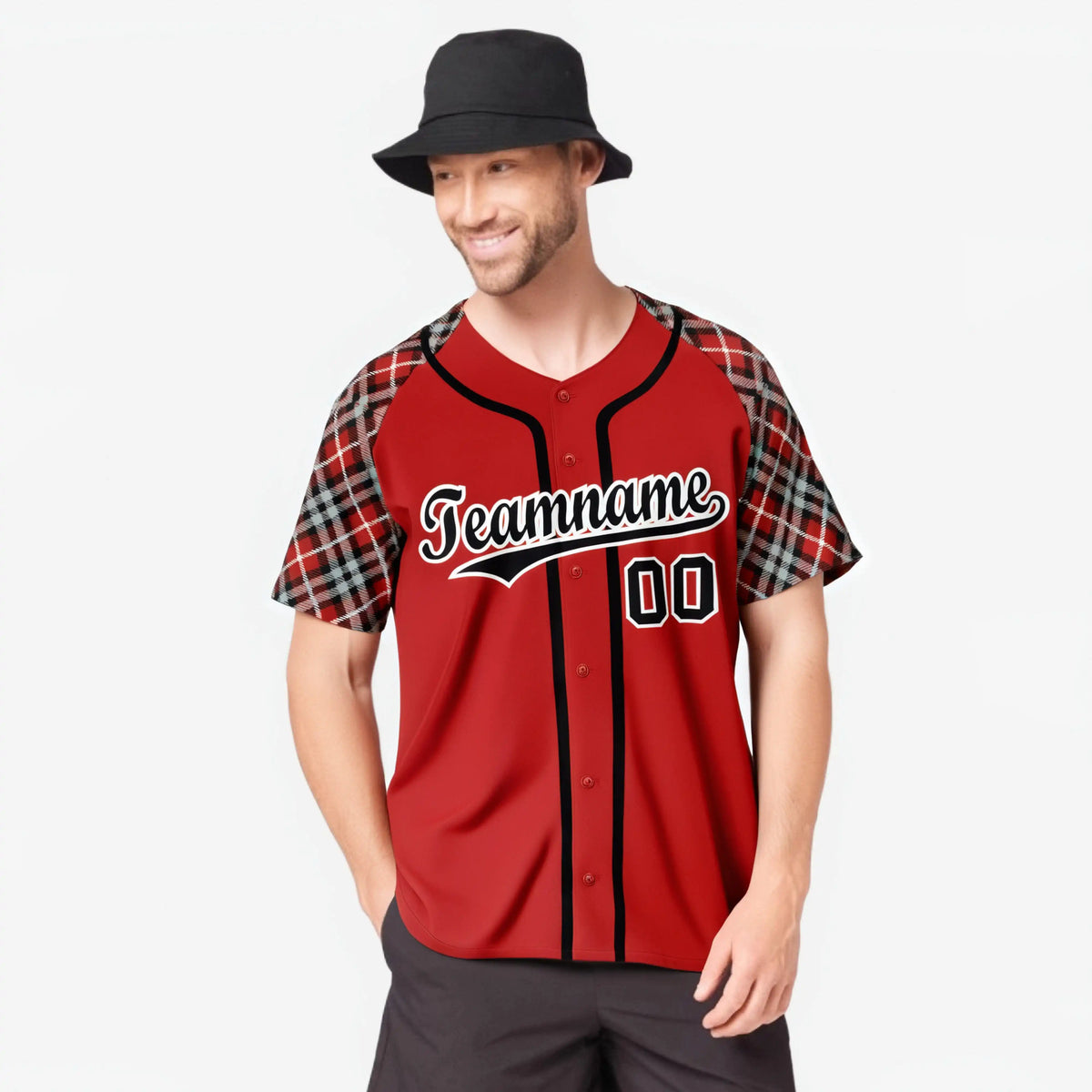 Custom Red Brown-Black White Authentic Plaid sleeve Baseball Jersey
