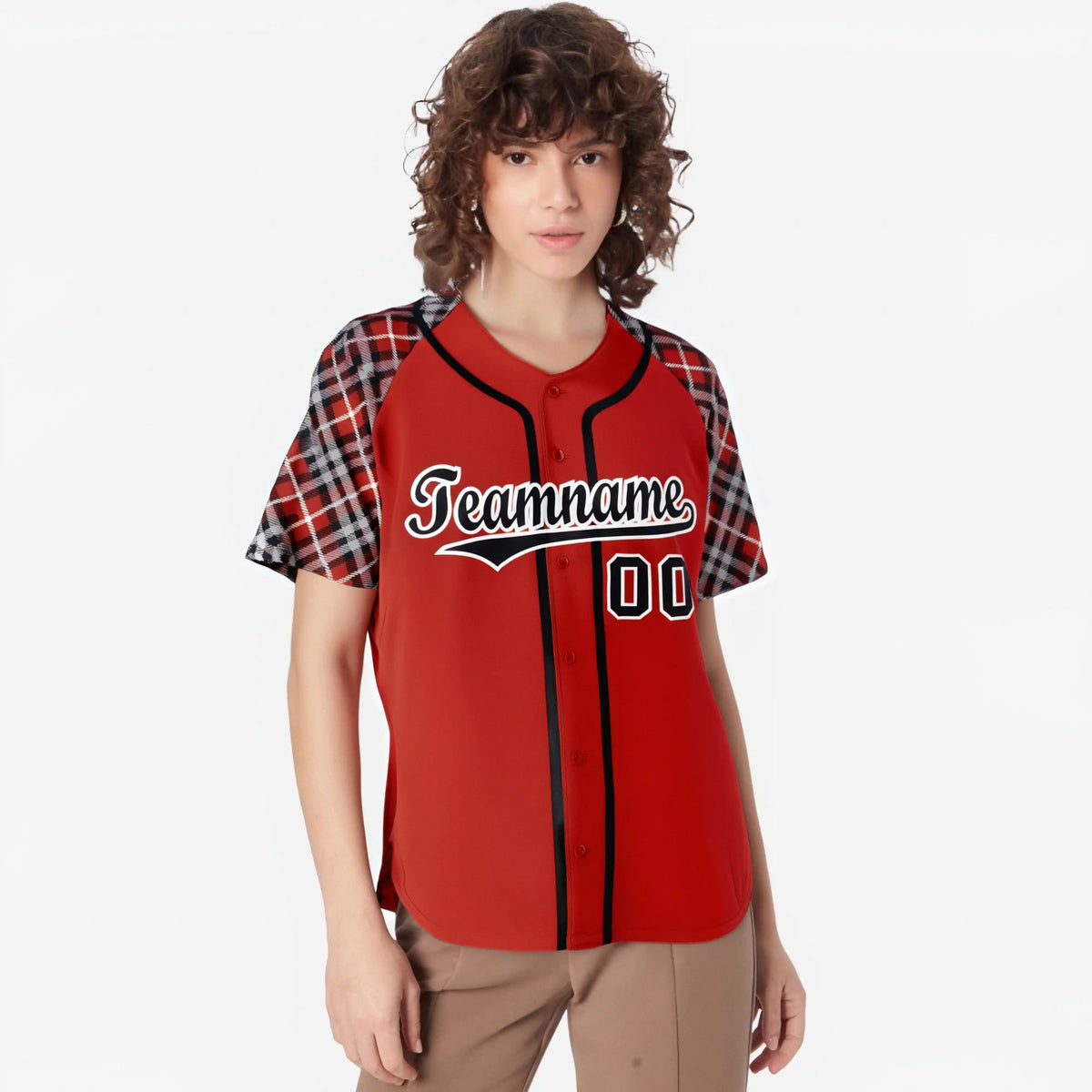 Custom Red Brown-Black White Authentic Plaid sleeve Baseball Jersey