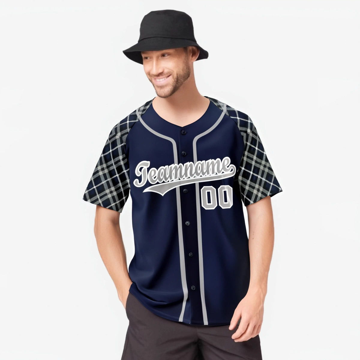 Custom Navy Gray-White Authentic Plaid sleeve Baseball Jersey