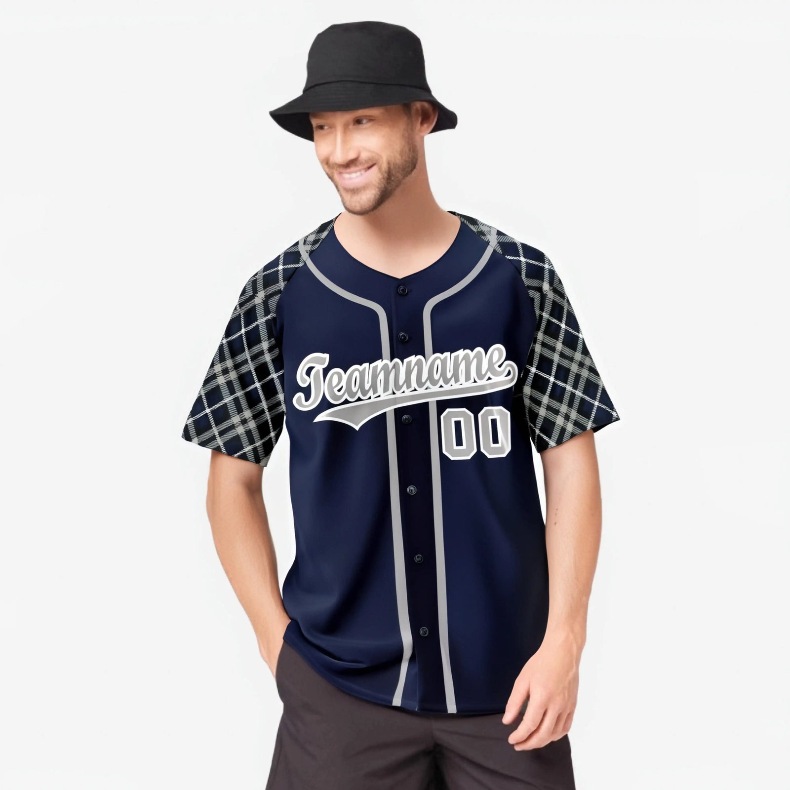 Custom Navy Gray-White Authentic Plaid sleeve Baseball Jersey