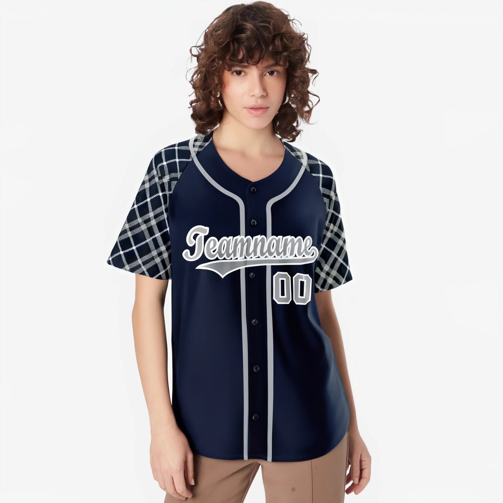 Custom Navy Gray-White Authentic Plaid sleeve Baseball Jersey