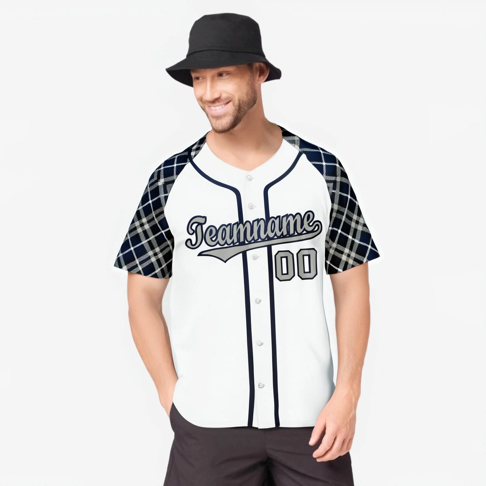 Custom White Gray-Navy Authentic Plaid sleeve Baseball Jersey