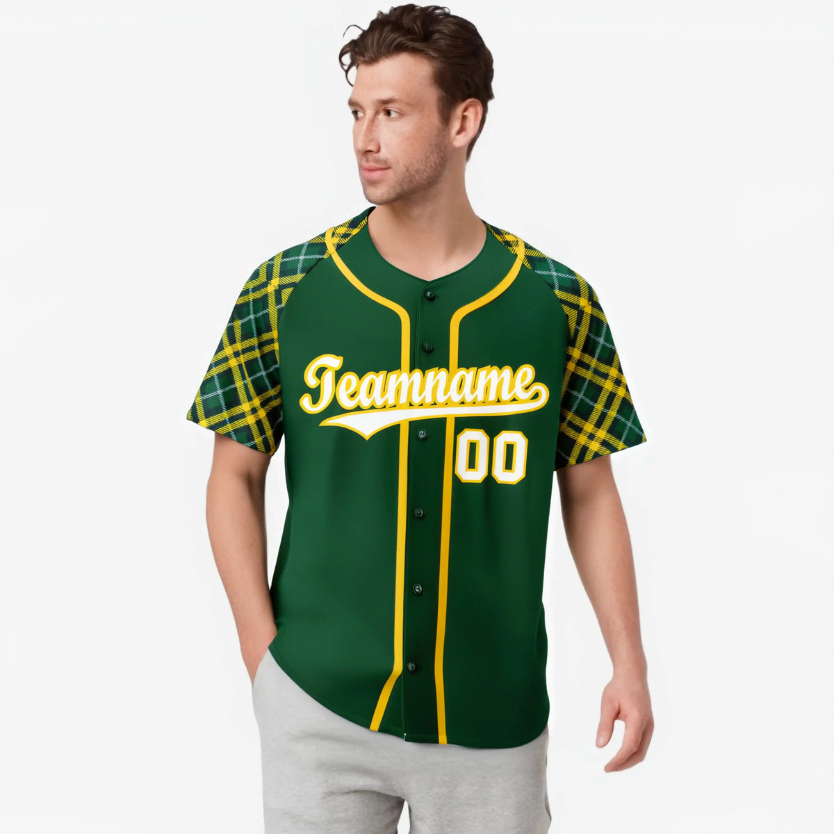 Custom Kelly Green Gold-White Authentic Plaid sleeve Baseball Jersey