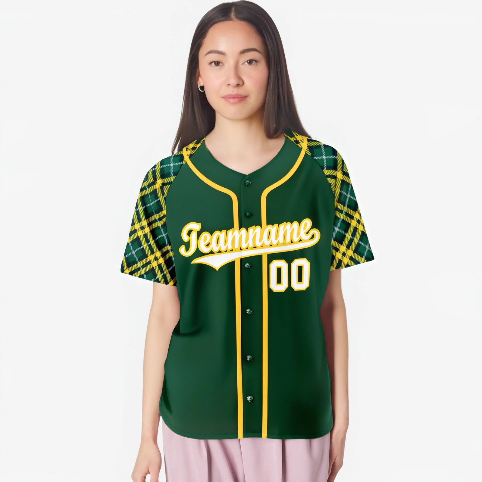 Custom Kelly Green Gold-White Authentic Plaid sleeve Baseball Jersey