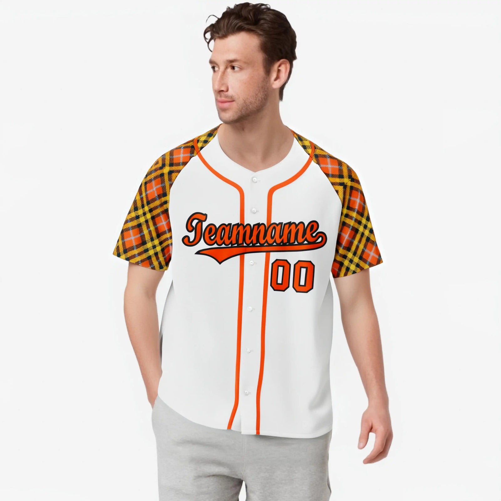Custom White Orange-Yellow Authentic Plaid sleeve Baseball Jersey