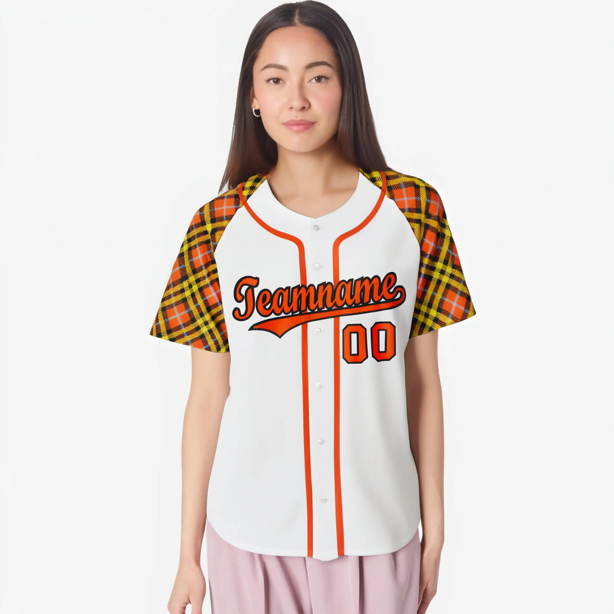 Custom White Orange-Yellow Authentic Plaid sleeve Baseball Jersey