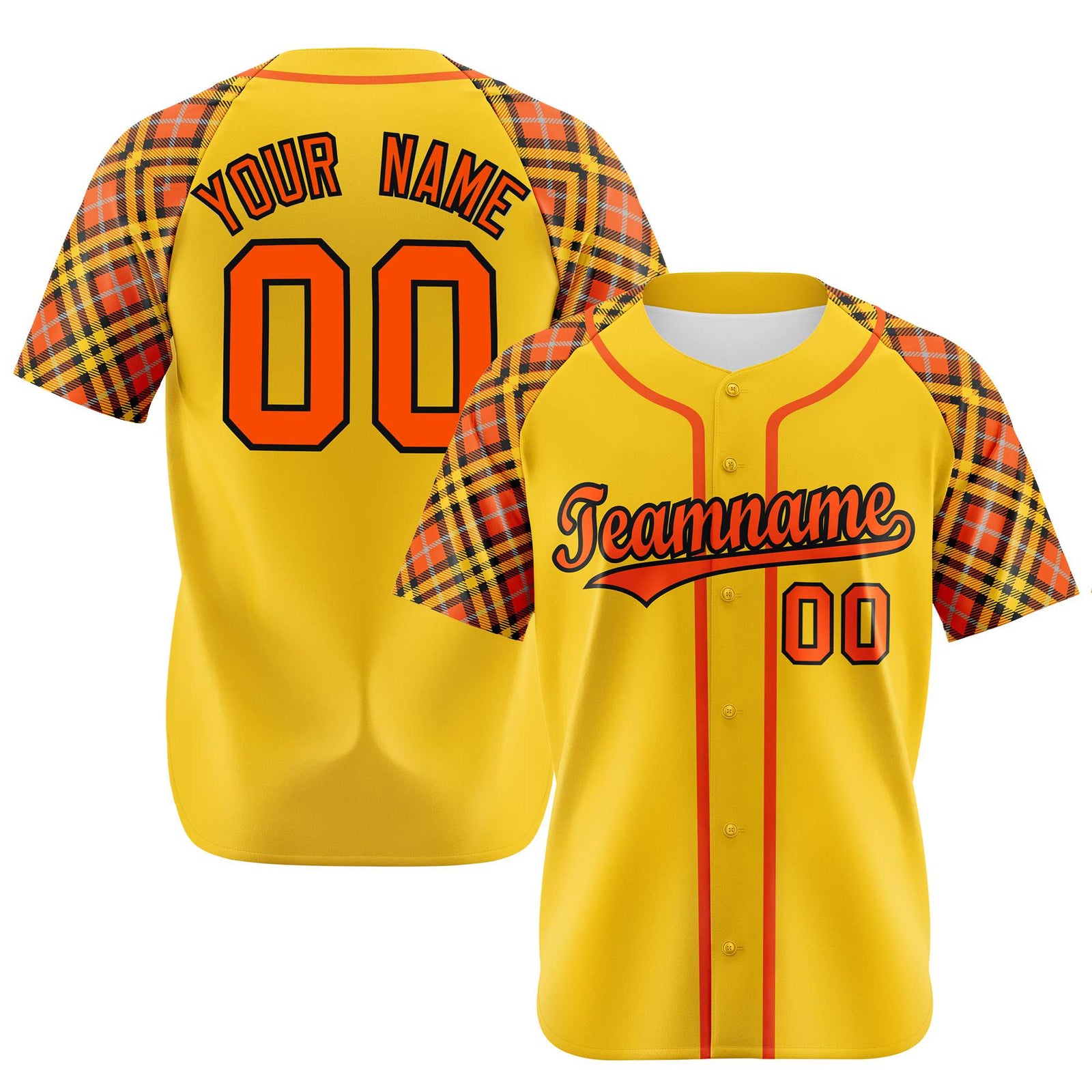 Custom Yellow Orange-Black Authentic Plaid sleeve Baseball Jersey