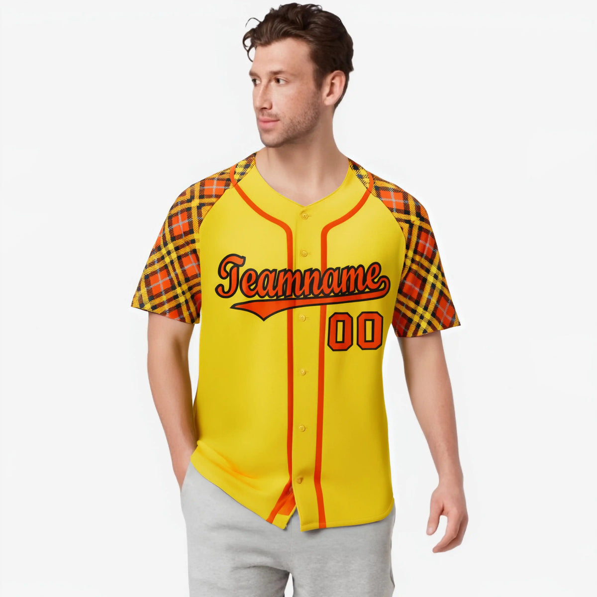 Custom Yellow Orange-Black Authentic Plaid sleeve Baseball Jersey