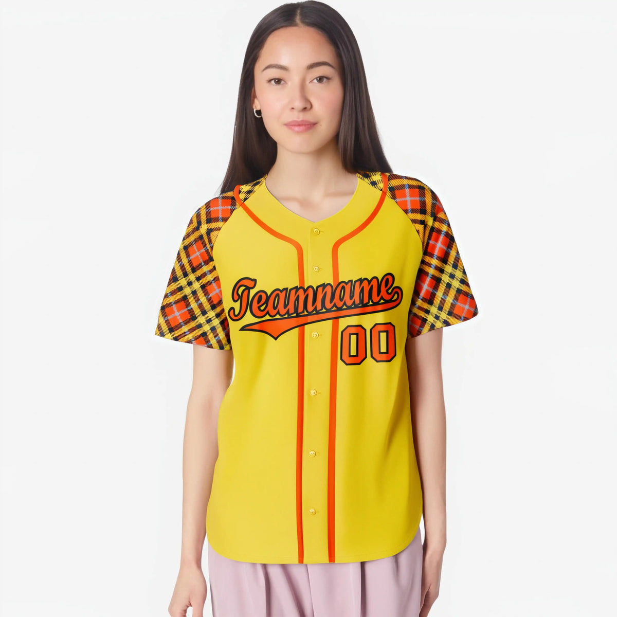 Custom Yellow Orange-Black Authentic Plaid sleeve Baseball Jersey