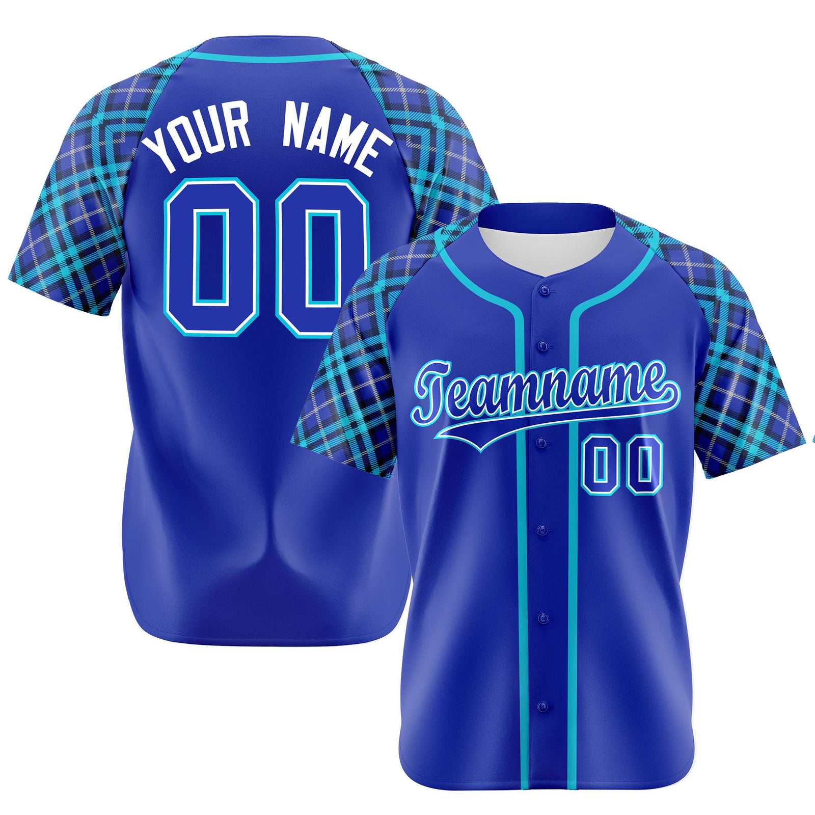 Custom Electric Blue Light Blue White Authentic Plaid sleeve Baseball Jersey