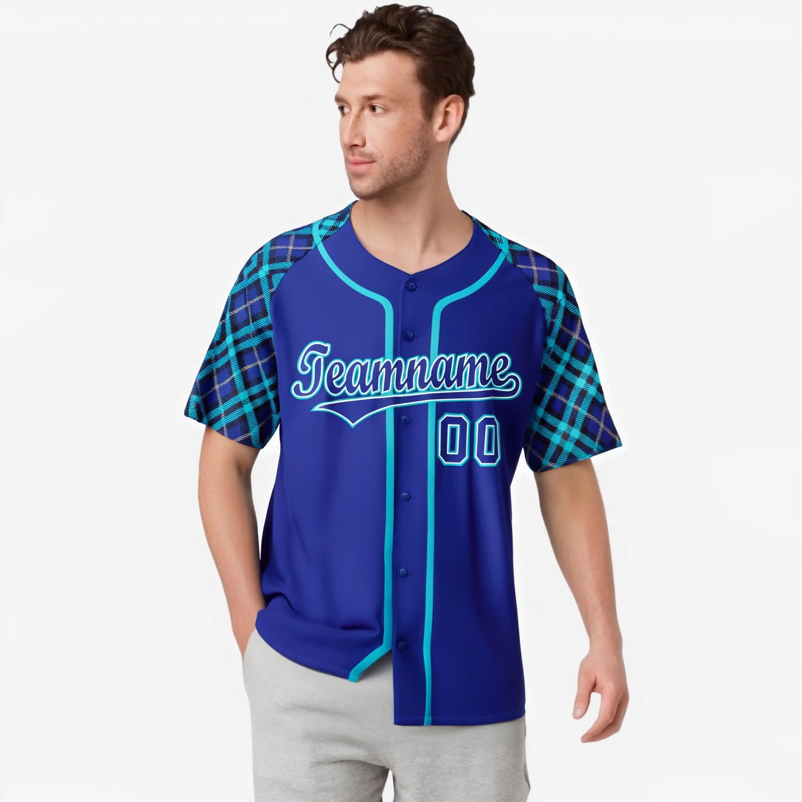 Custom Electric Blue Light Blue White Authentic Plaid sleeve Baseball Jersey