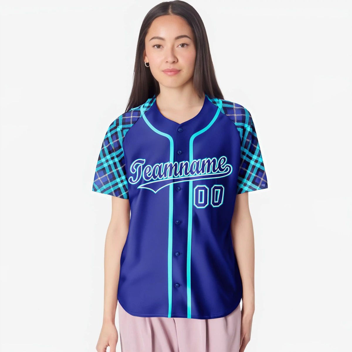 Custom Electric Blue Light Blue White Authentic Plaid sleeve Baseball Jersey