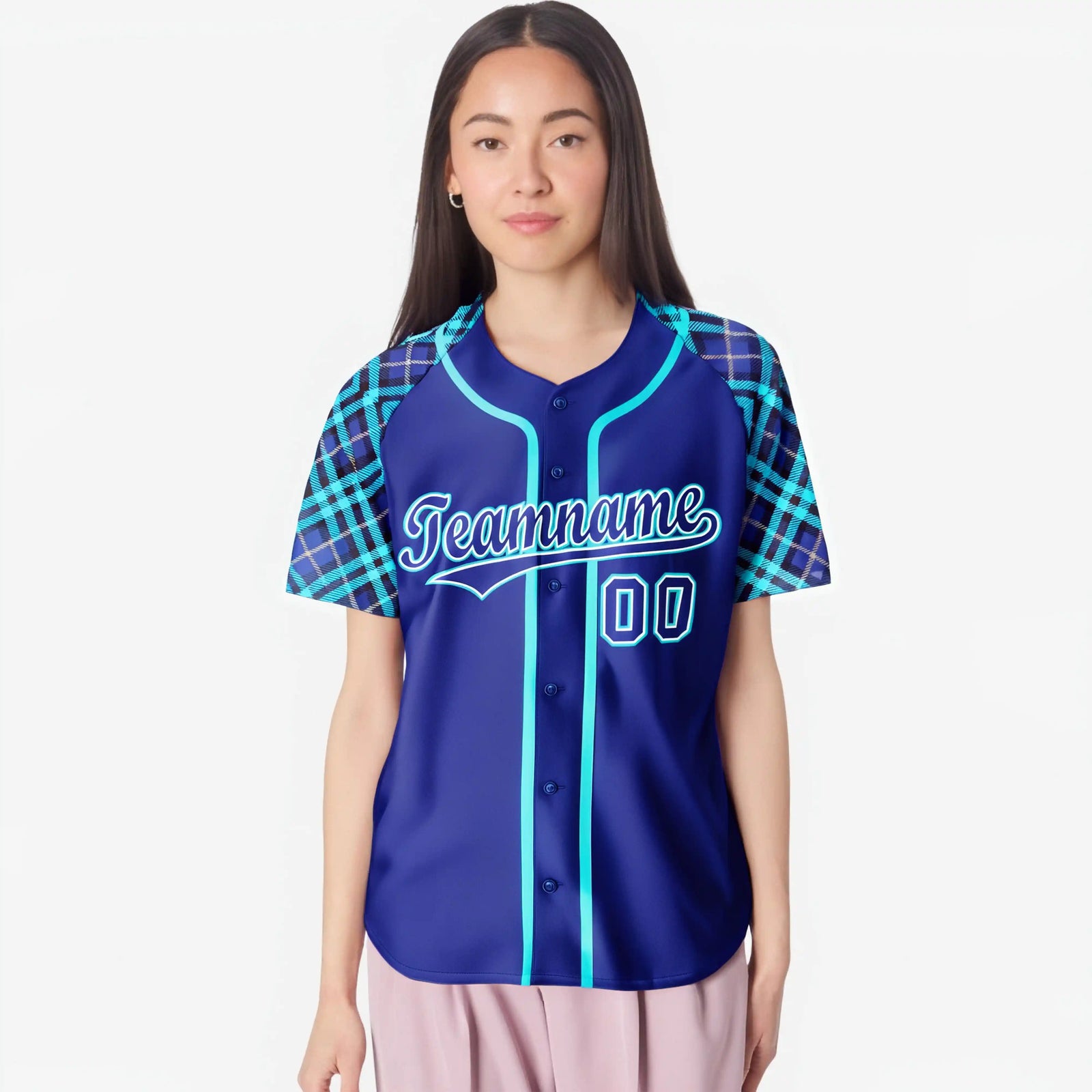 Custom Electric Blue Light Blue White Authentic Plaid sleeve Baseball Jersey