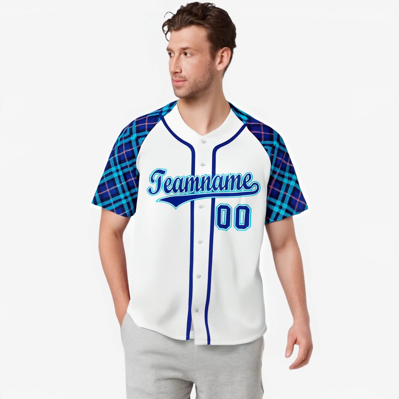 Custom White Purple Light Bule Authentic Plaid sleeve Baseball Jersey