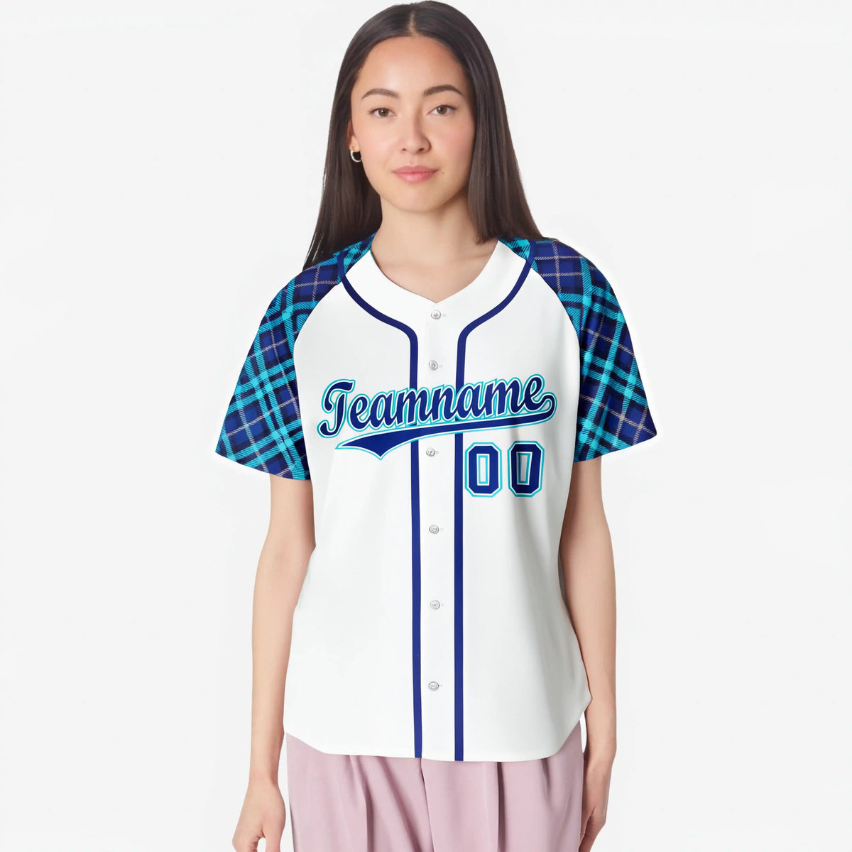 Custom White Purple Light Bule Authentic Plaid sleeve Baseball Jersey