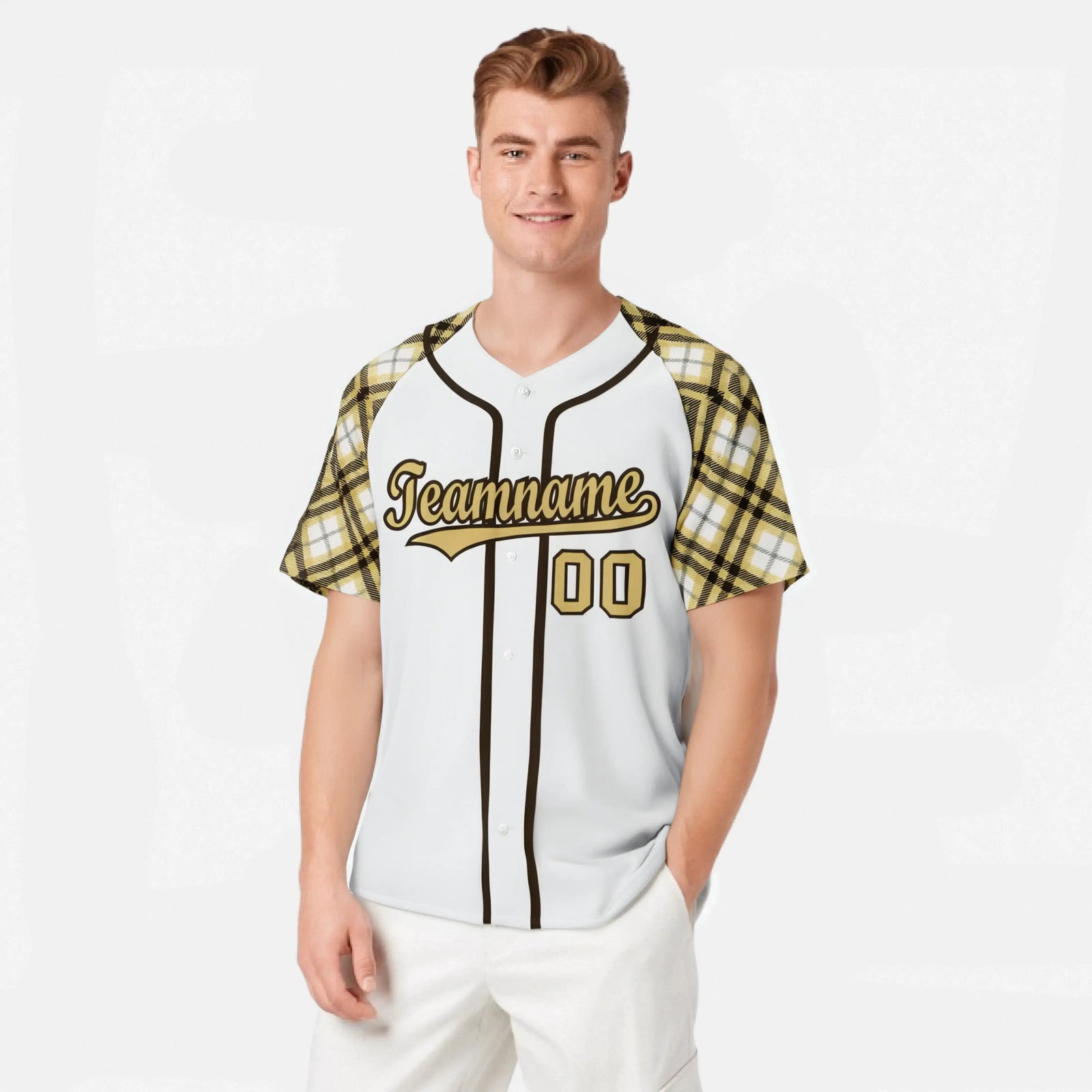 Custom White Old-Gold Black Authentic Plaid sleeve Baseball Jersey