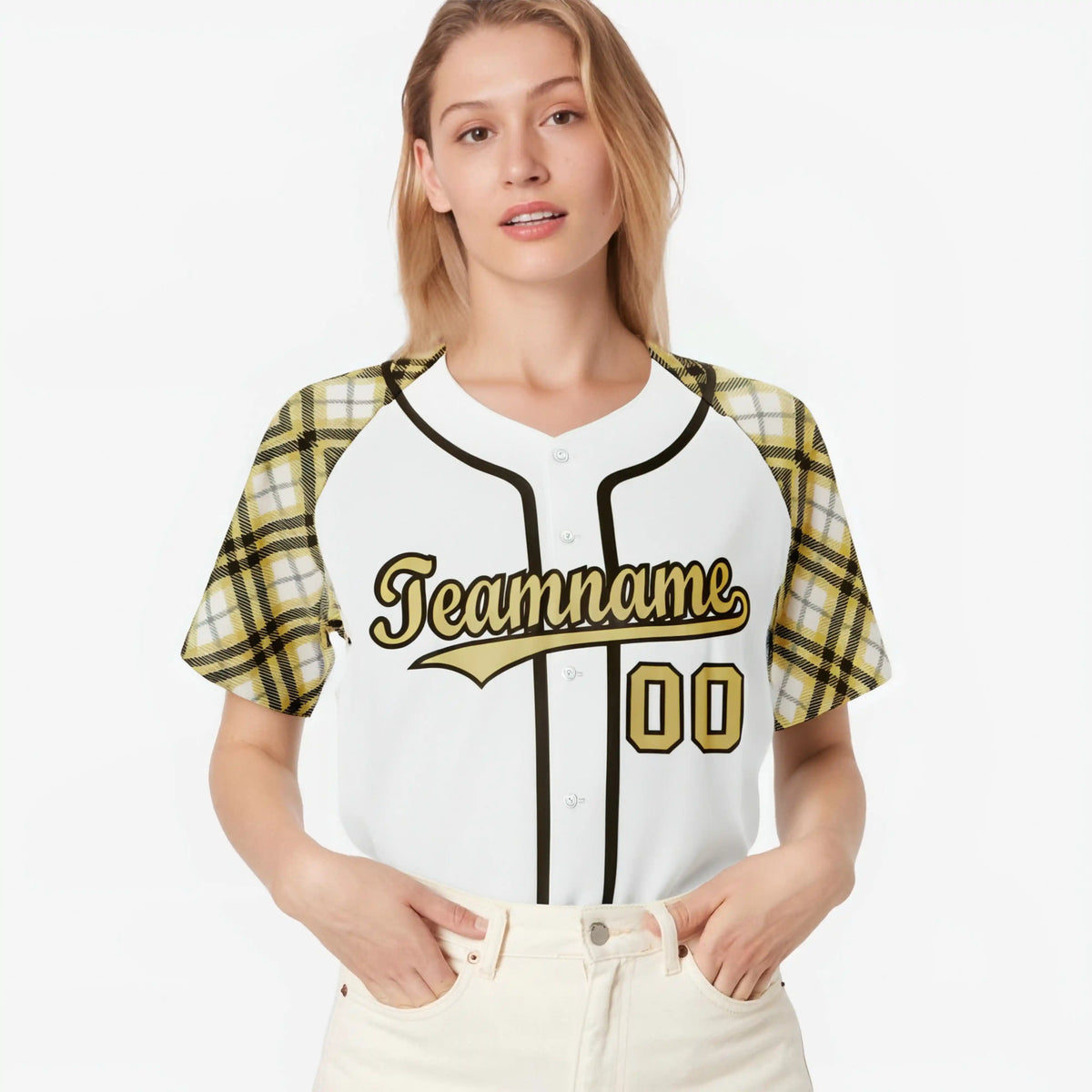 Custom White Old-Gold Black Authentic Plaid sleeve Baseball Jersey