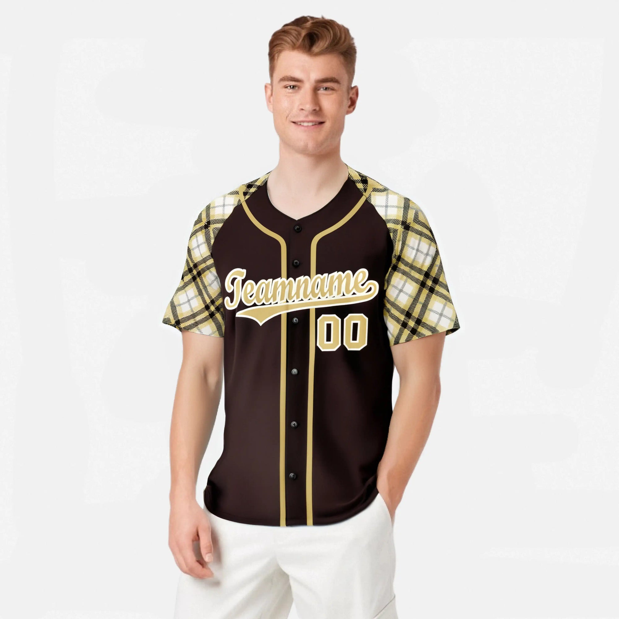 Custom Brown Old-Gold White Authentic Plaid sleeve Baseball Jersey