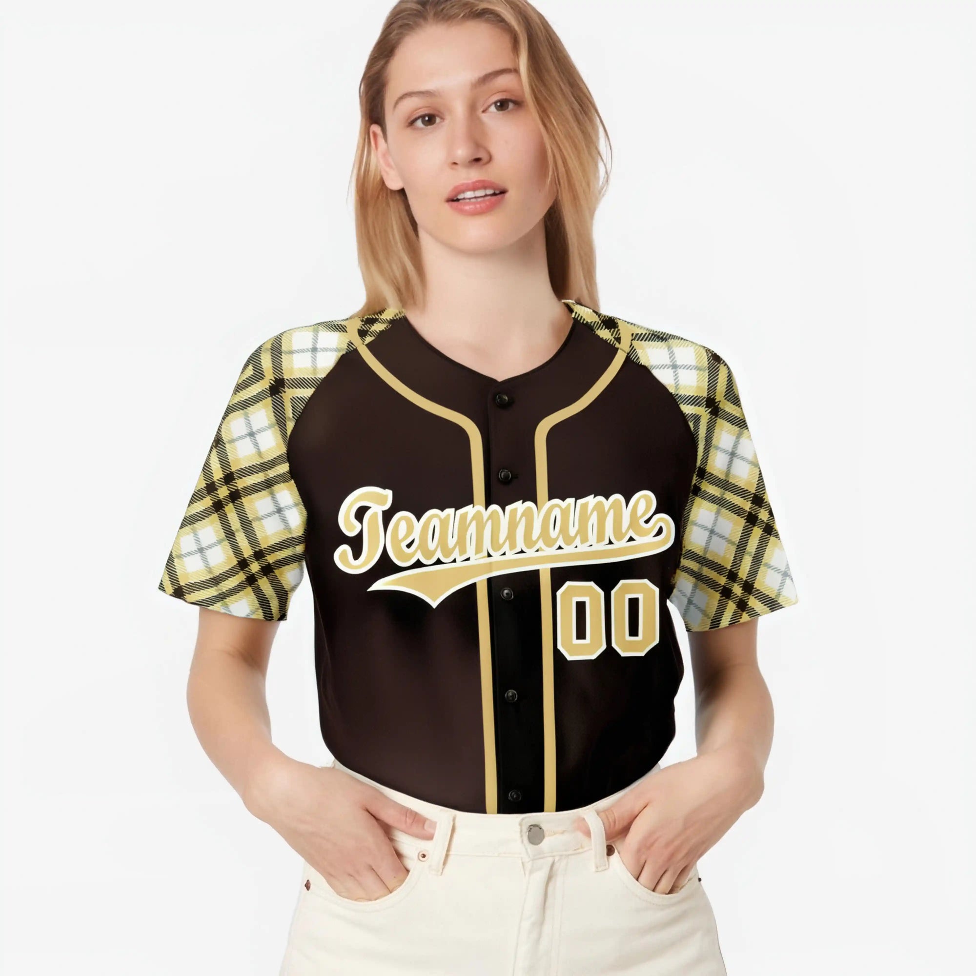 Custom Brown Old-Gold White Authentic Plaid sleeve Baseball Jersey