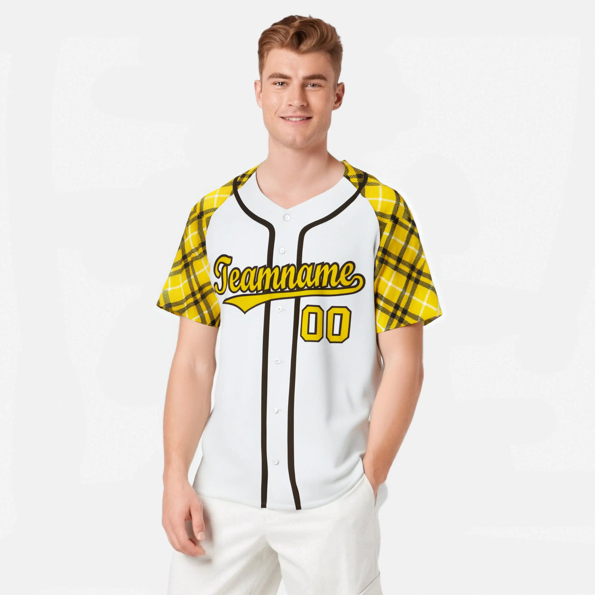 Custom White Yellow-Black Authentic Plaid sleeve Baseball Jersey