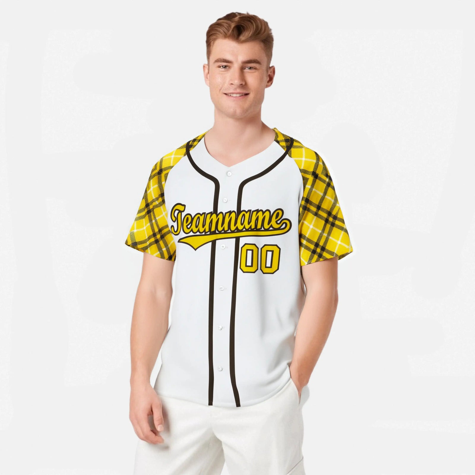 Custom White Yellow-Black Authentic Plaid sleeve Baseball Jersey