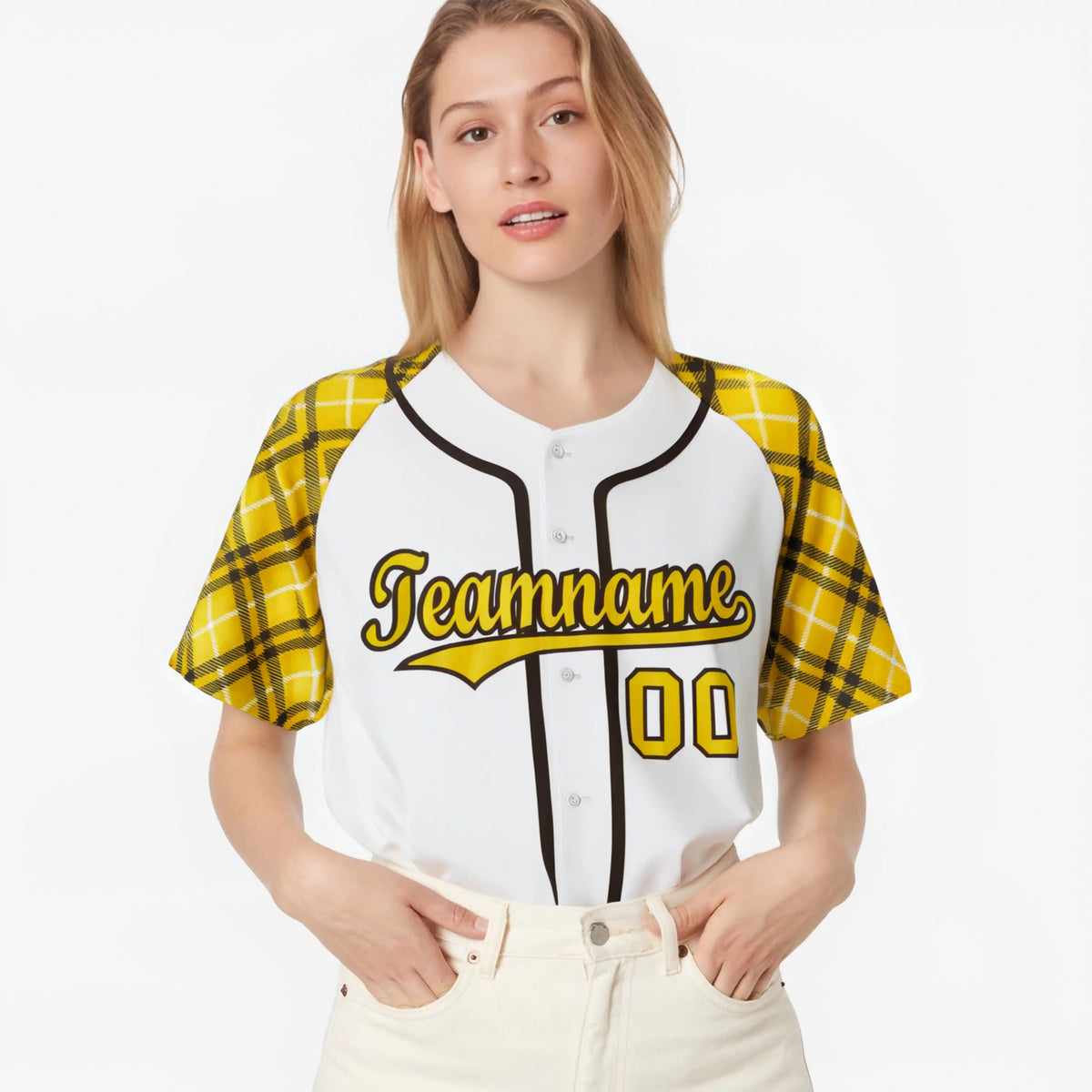 Custom White Yellow-Black Authentic Plaid sleeve Baseball Jersey