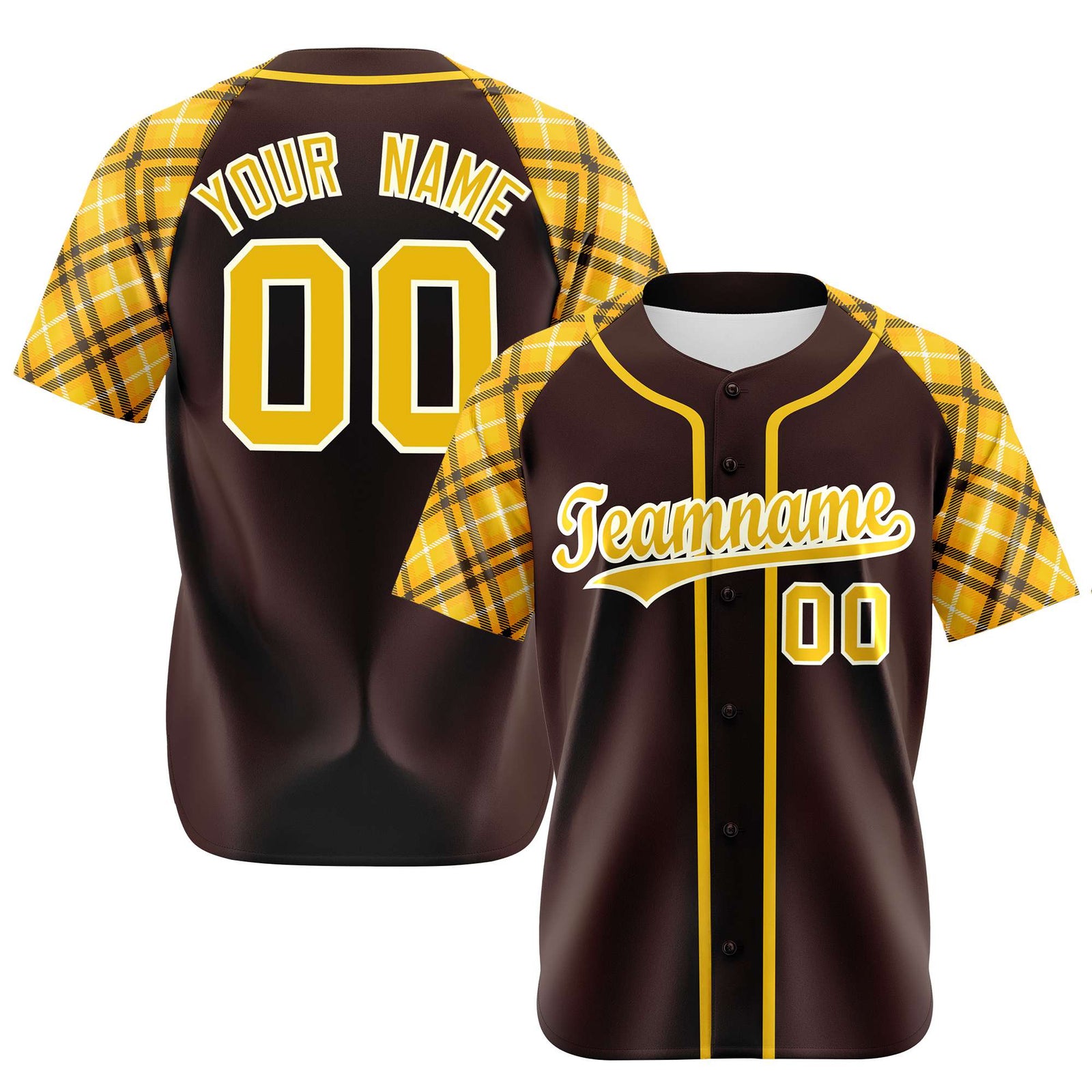 Custom Brown Yellow-White Authentic Plaid sleeve Baseball Jersey