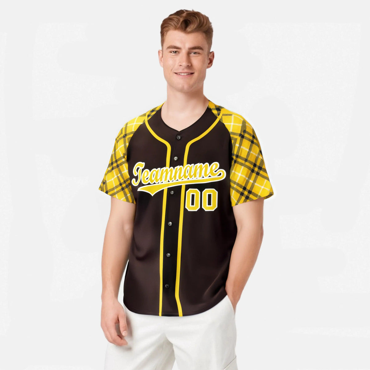 Custom Brown Yellow-White Authentic Plaid sleeve Baseball Jersey